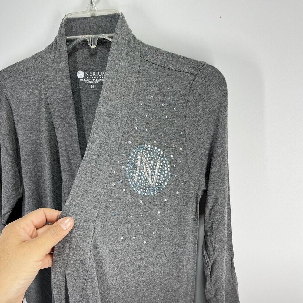 Nerium Womens Open Cardigan Size M Gray Bling Logo Sweater 3/4 Sleeve Jeff Olson - Picture 7 of 11